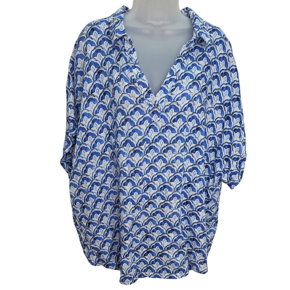 Sigrid Olsen Women's 100% Linen Blue White Geometric Fan Print Tunic Top 2X boho